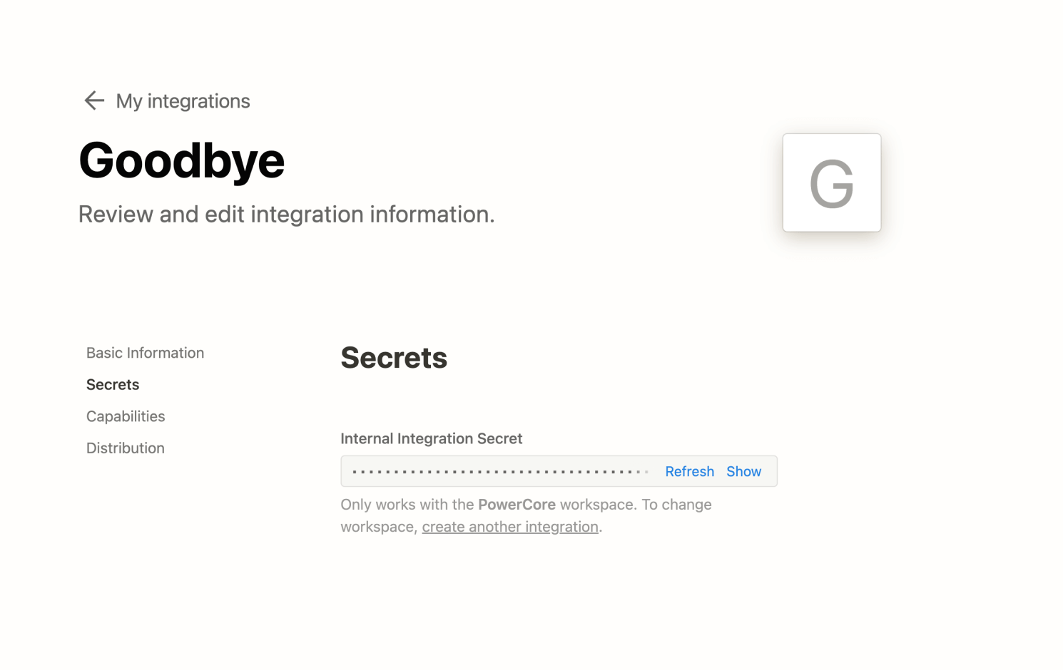 Copy Internal Integration Secret
